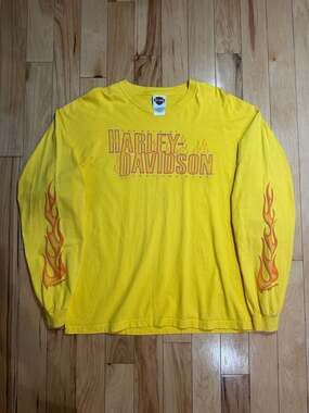 Yellow Harley-Davidson Flames Long Sleeve Shirt with orange flames sleeve hit